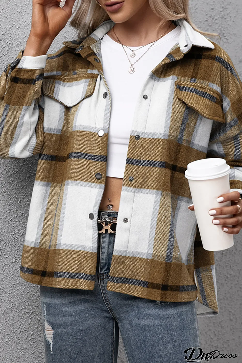 Yellow Casual Plaid Patchwork Turndown Collar Outerwear