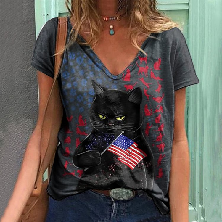 Comstylish Casual Cat Flag Print V-Neck T-Shirt