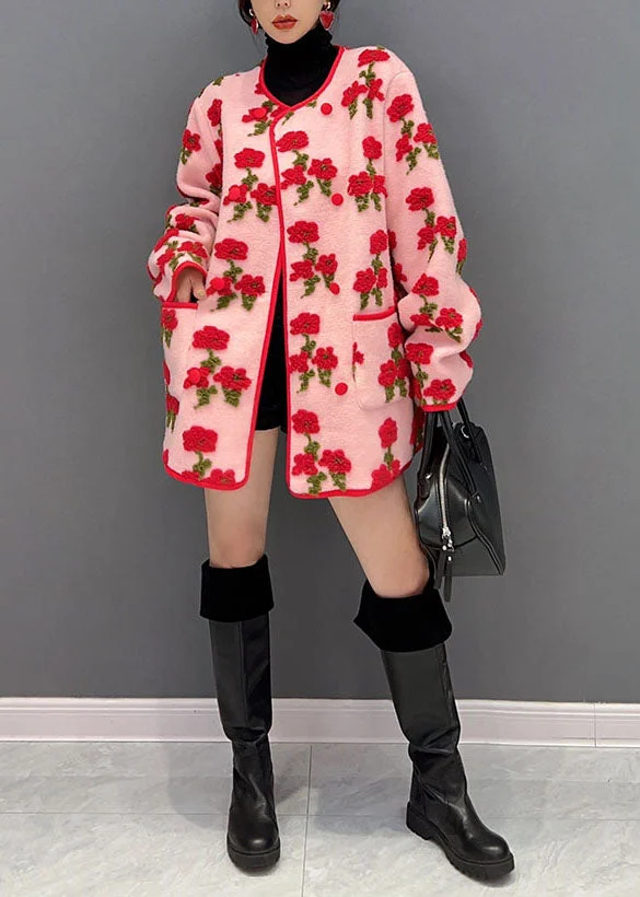 Fashion Pink Oversized Floral Jacquard Fluffy Coats Spring