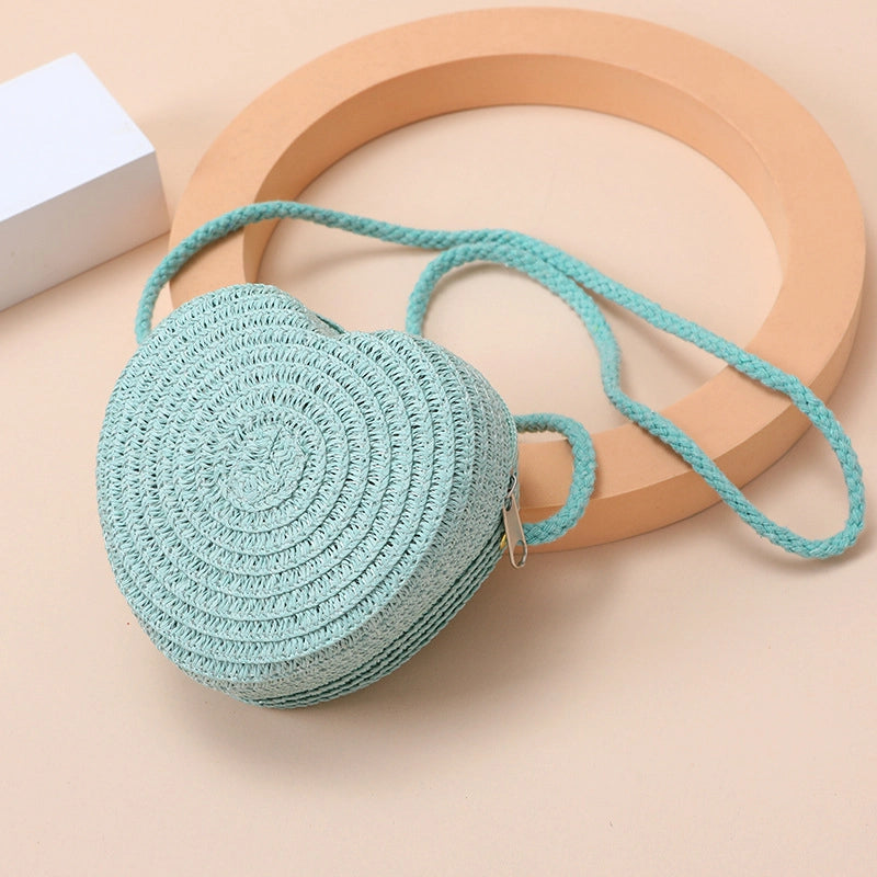 Kid’S Straw Heart Shape Cute Heart-shaped Zipper Shoulder Bag