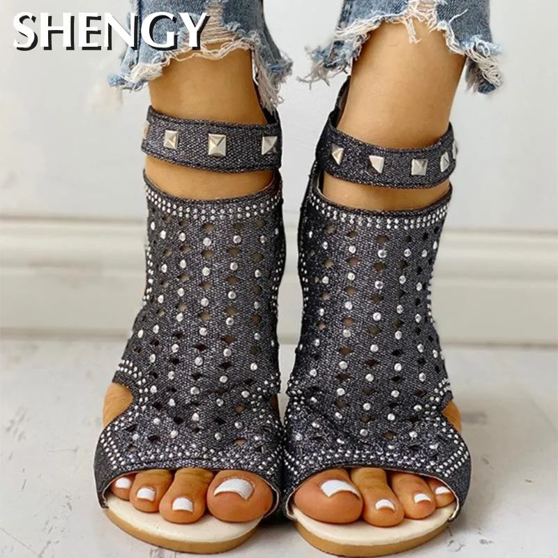 2020 Women's Wedge Sandals Ladies Fish Mouth Hollow Roma Summer Shoes Fashion Casual Non-slip Crystal Bling Footwear