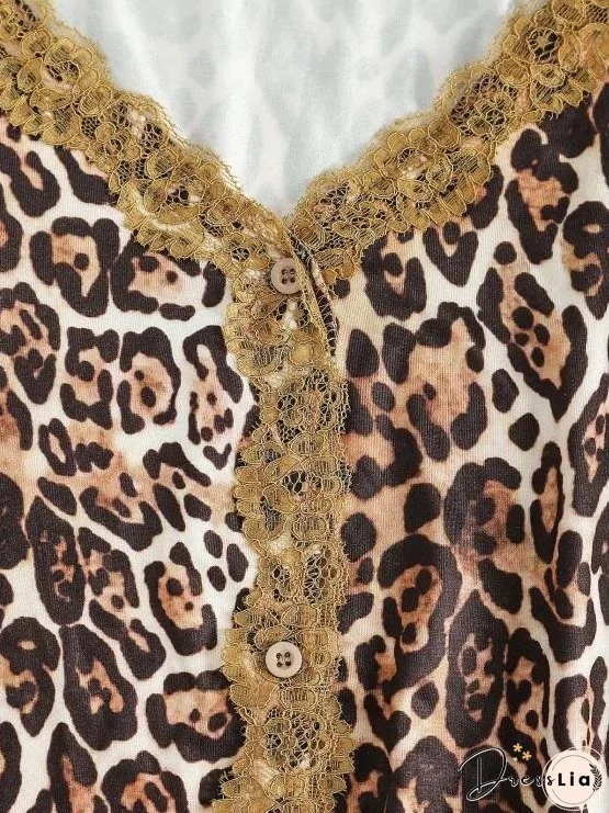 Button Up Lace Trim Leopard Tee