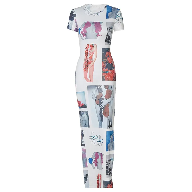 Hawthaw Women Fashion Summer Short Sleeve Printed Bodycon Pencil Split Long Dress 2021 Female Clothing Streetwear