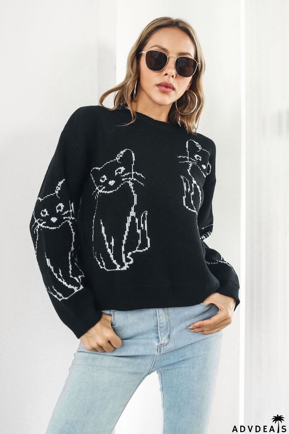 Cat Pattern Round Neck Long Sleeve Pullover Sweater