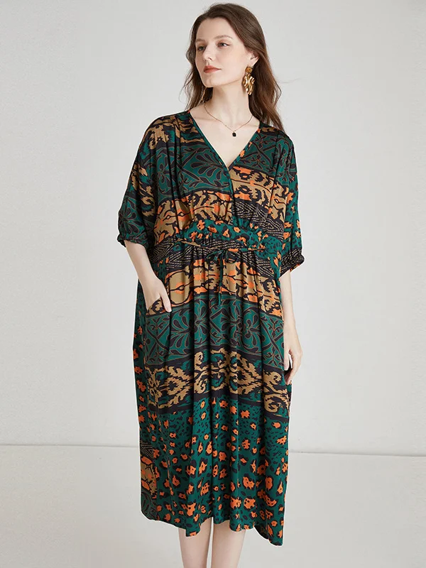 Original Loose Contrast Color Striped Printed Tied Midi Dress