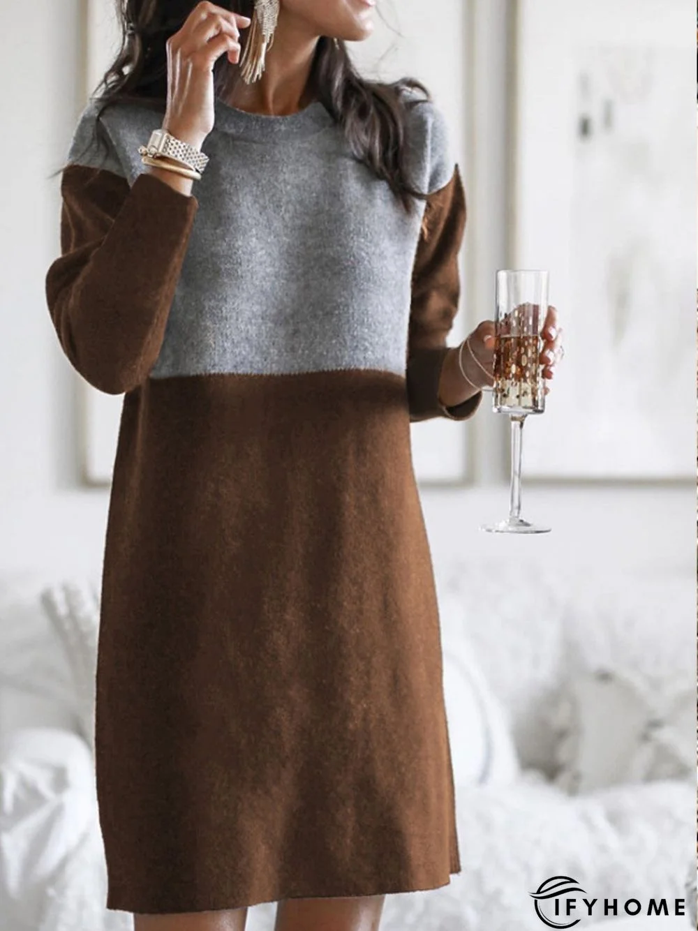 Plain Cotton-Blend Knitting Dress | IFYHOME