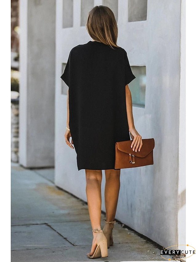 Casual Dress Midi Black White Yellow Short Sleeve Pure Color Summer Spring Neck Hot XXL