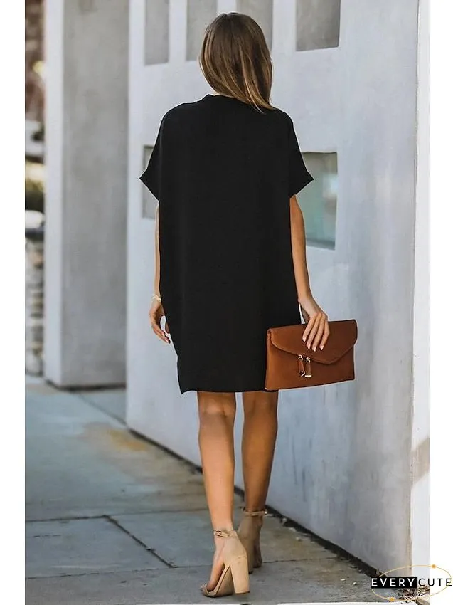 Casual Dress Midi Black White Yellow Short Sleeve Pure Color Summer Spring Neck Hot XXL