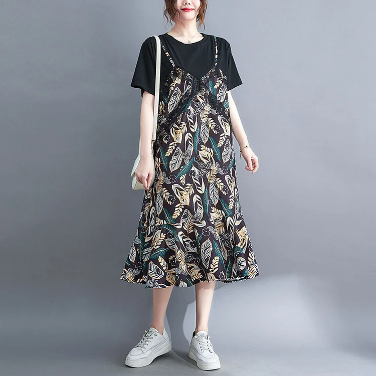 Loose Fake Two Piece Short Sleeve T-Shirt Midi Dress