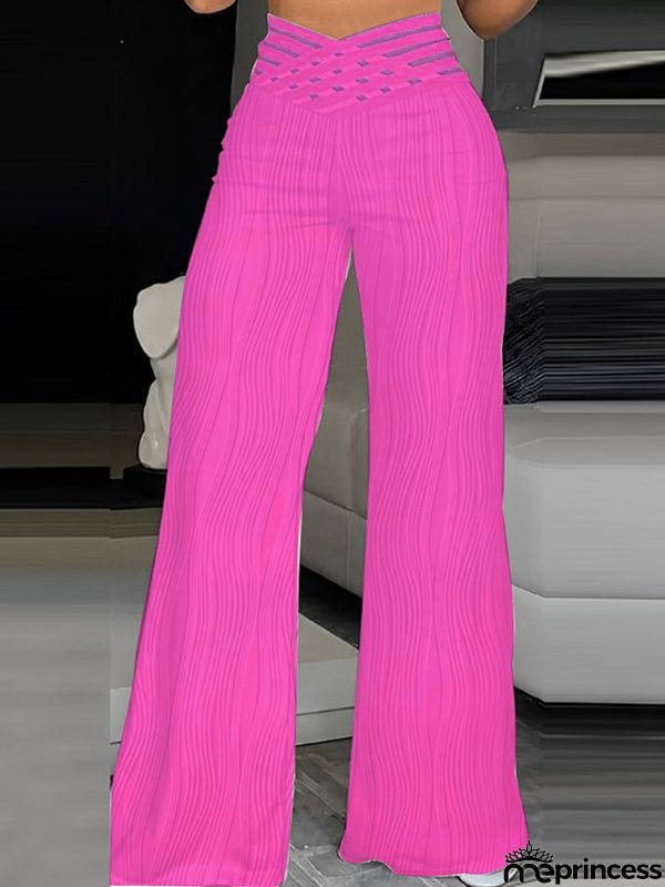 Loose Wide Leg Elasticity Hollow Pleated Solid Color Pants Trousers