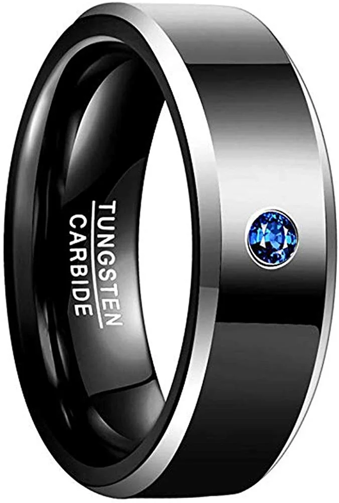 4MM 6MM 8MM 10MM Mens Women Black Tungsten Carbide Ring Couple Wedding Band Polished Beveled Edge with Blue CZ Comfort Fit Men Womens Rings