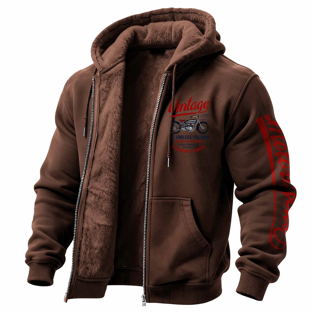 Men's Vintage Motorcycle Fleece Pocket Full Zip Long Sleeve Hoodie Jacket