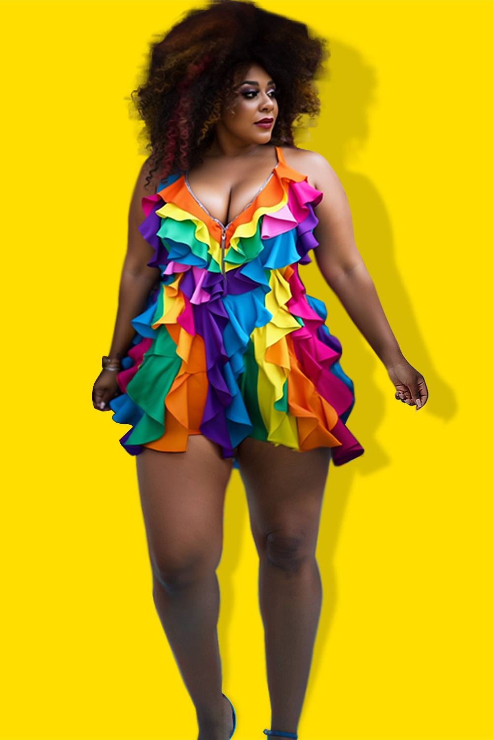 Design Plus Size Beach Rainbow Colorblock V Neck Zipper Ruffle Swimsuit Fabric Swimwear Dress [Pre-Order]
