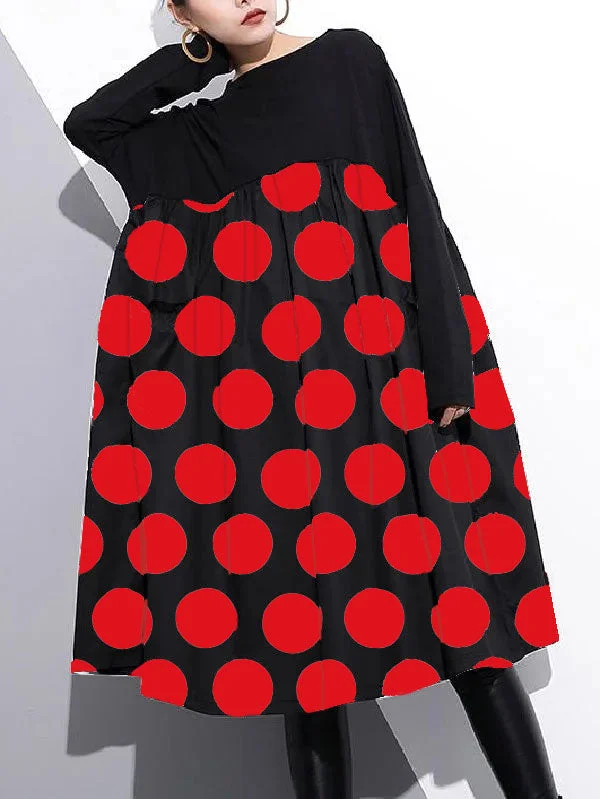 stylish Red dot cotton shift dress plus size cotton clothing dress Elegant high waist patchwork cotton dress