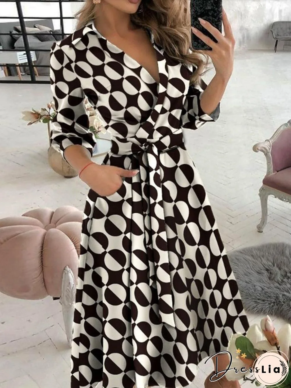 Long Sleeve V-Neck Polka Dot Print Dress