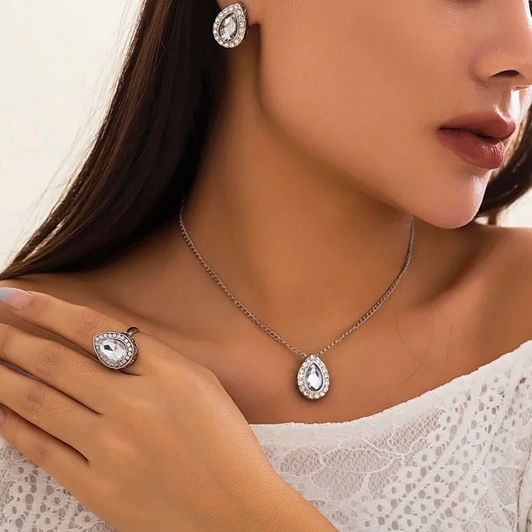 3Pcs Exquisite Rhinestone Droplet Pendant Necklace Luxury Elegant Clavicle Necklace Women's Wedding Party Set Jewelry