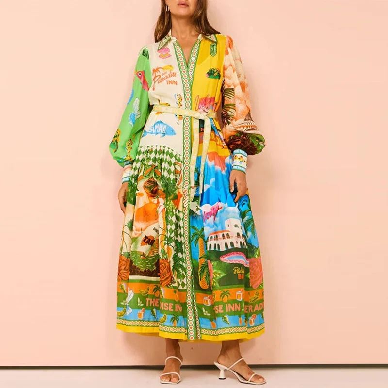 Uveng Uveng Women's Temperament Print Lantern Sleeve Belt Shirt Big Hem Dress Woman