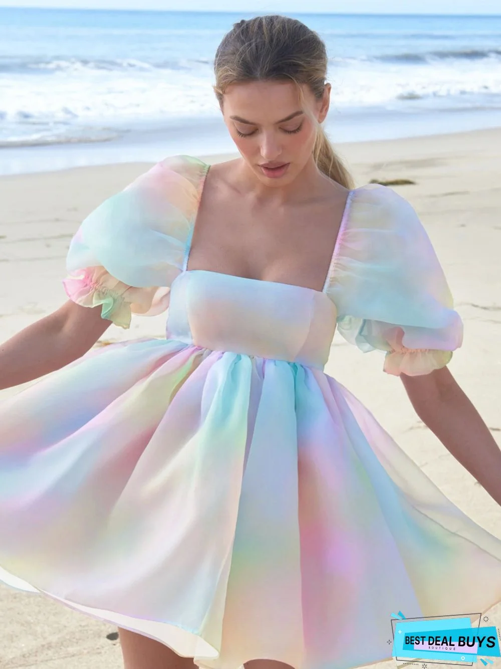 Printed Square Neck Lantern Short Sleeve Women's Dress Backless Fluffy French Princess Dress