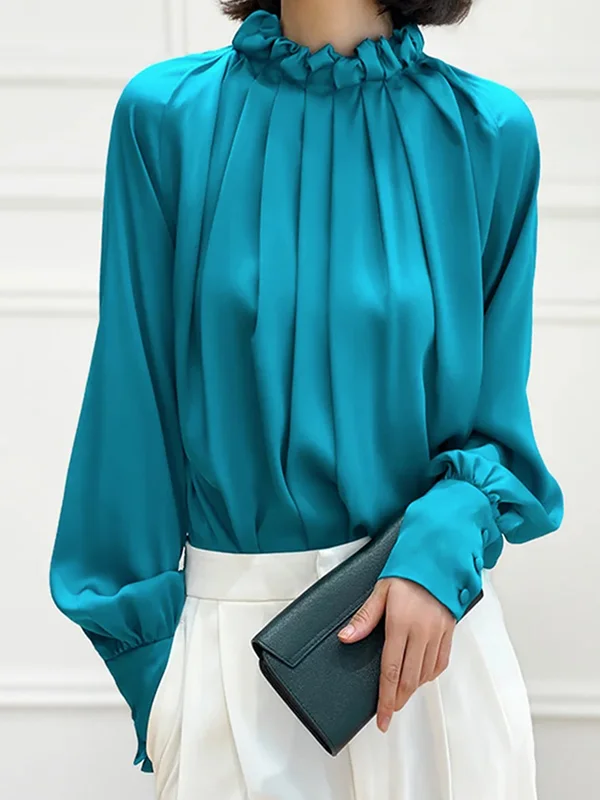 Original Creation Puff Sleeves Long Sleeves Pleated Pure Color Stand Collar Blouses&Shirts Tops