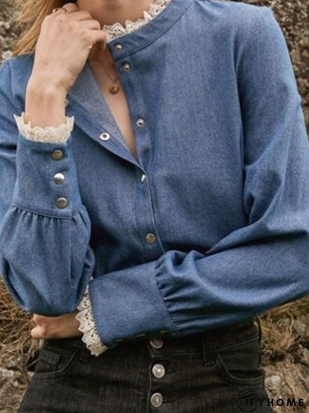 Turtleneck Casual Paneled Denim Blouse | IFYHOME