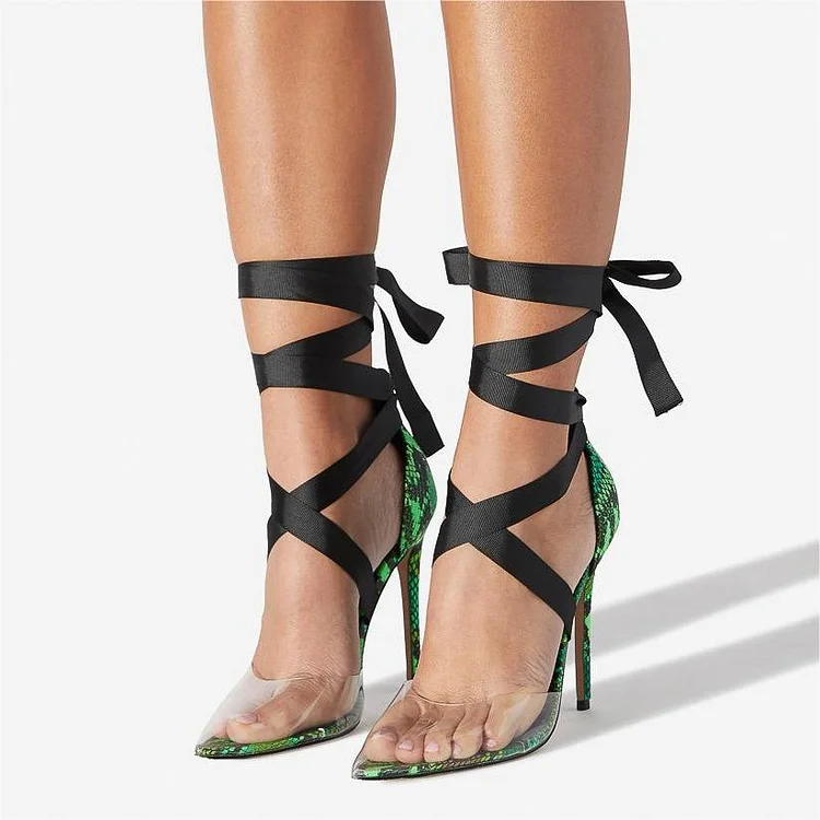 Custom Made Snakeskin and Clear Strappy Heels in Green |FSJ Shoes
