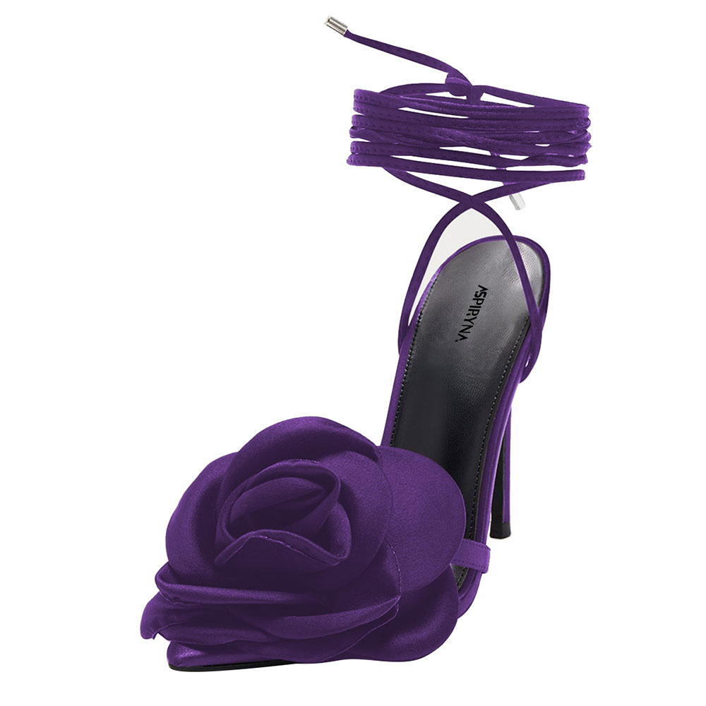 Purple Pointed Toe Stiletto Heel Summer Sandals with Flower Decor Nicepairs
