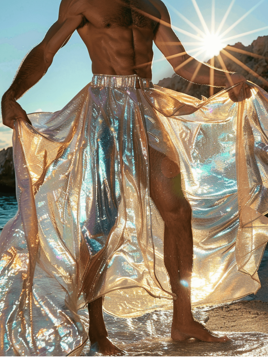 Men's Shiny Sheen Chiffon Light Gauze Long Party Two-piece Design Long Skirt
