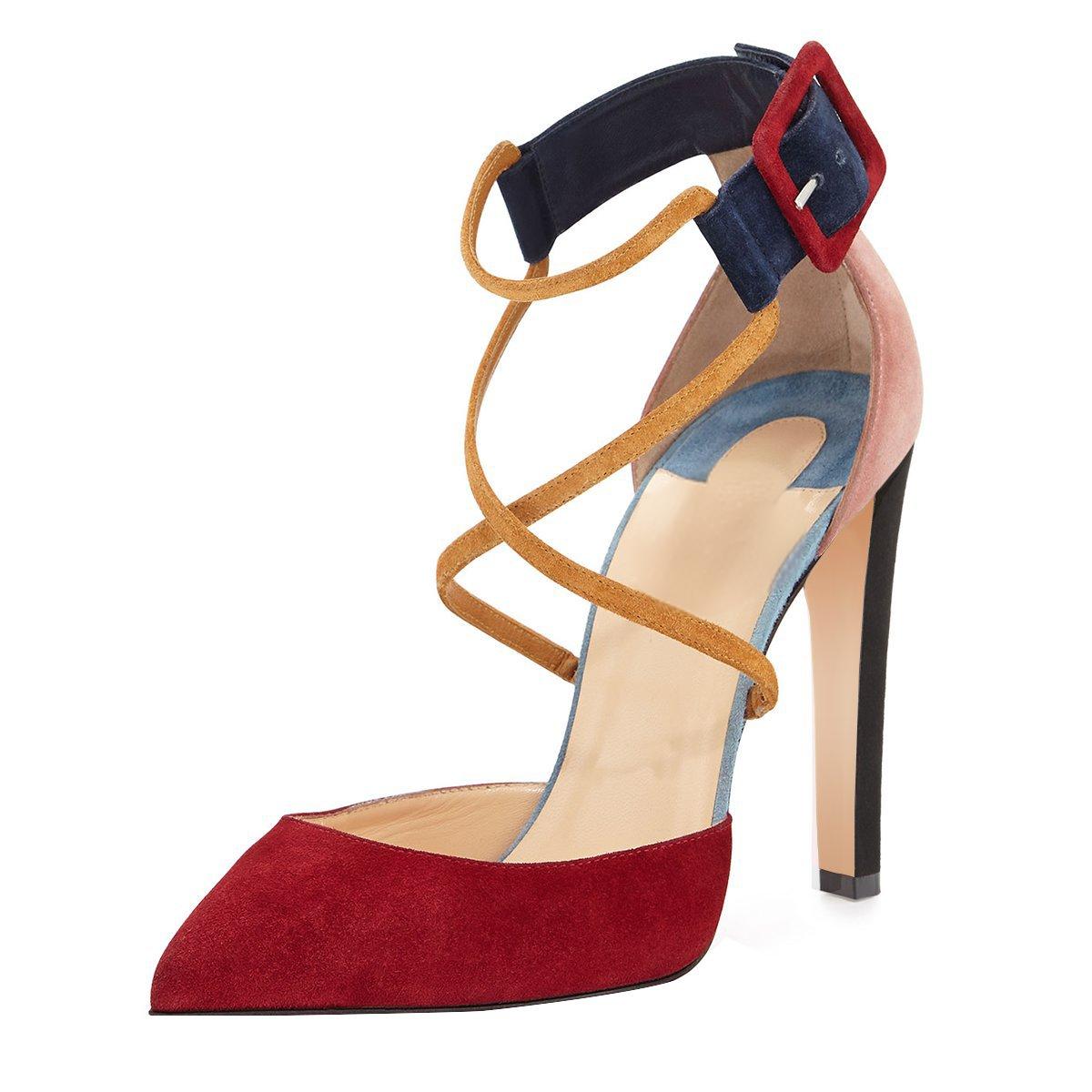 GOOSHOE Red and Pink Suede Chunky Heel Crossed-over Strap Pumps