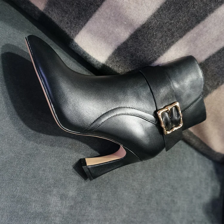 Black Buckle Spool Heel Ankle Booties |FSJ Shoes