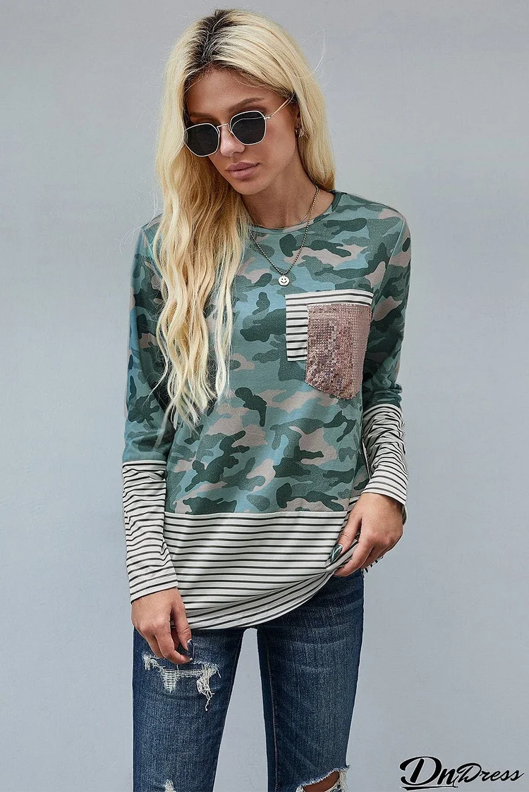 Green Camo Stripe Pocket Sequins Splicing O-neck Long Sleeve Top