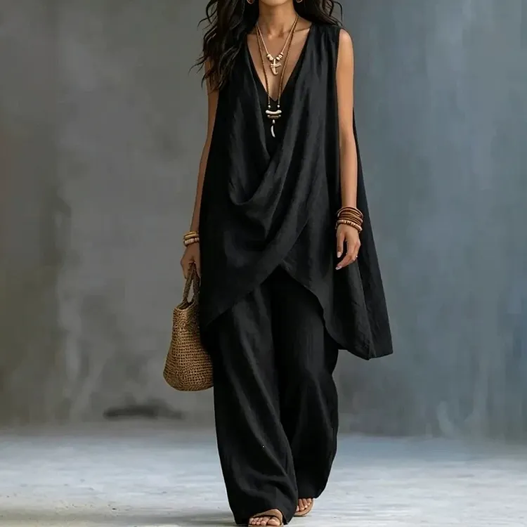 Solid Color Elegant V-neck Sleeveless Tank Top Two Piece Set