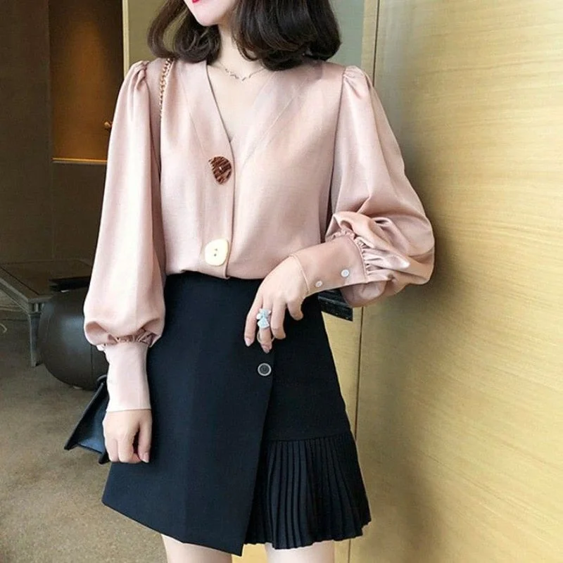 Elegant Vintage Lantern Long Sleeve Chiffon Shirt Women's Clothing 2022 Spring New Office Lady V-Neck Casual Loose Button Blouse