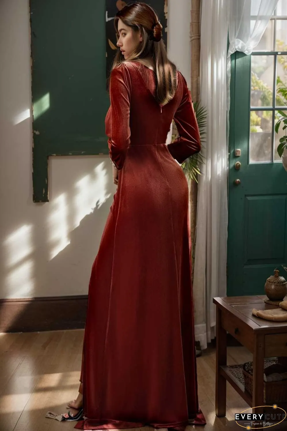 velvet 3 4 length sleeve illusion v neck front slit evening dress