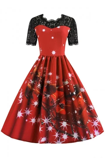 Short Sleeve Lace Patchwork Santa Print Christmas Skater Dress Ruby-elleschic