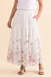 Pink Wildflower Print Eyelet Tiered Maxi Skirt, 100% Cotton Smocked Waist Boho Long Skirt with Pockets, Casual Summer A-Line Skirt for Women