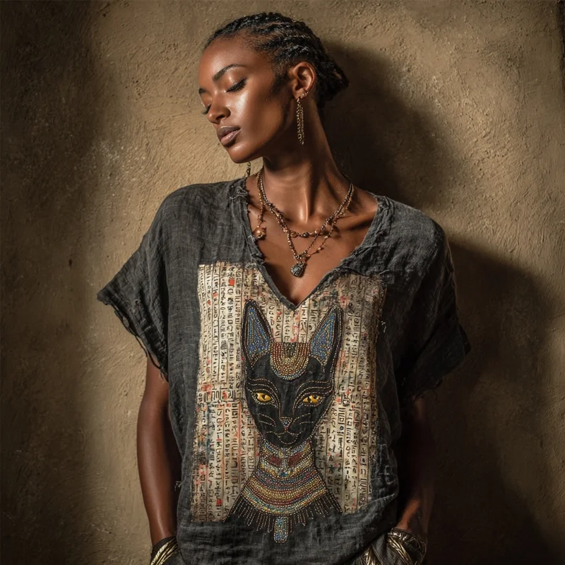 Ancient Egyptian Bastet Goddess Embroidered Linen Shirt
