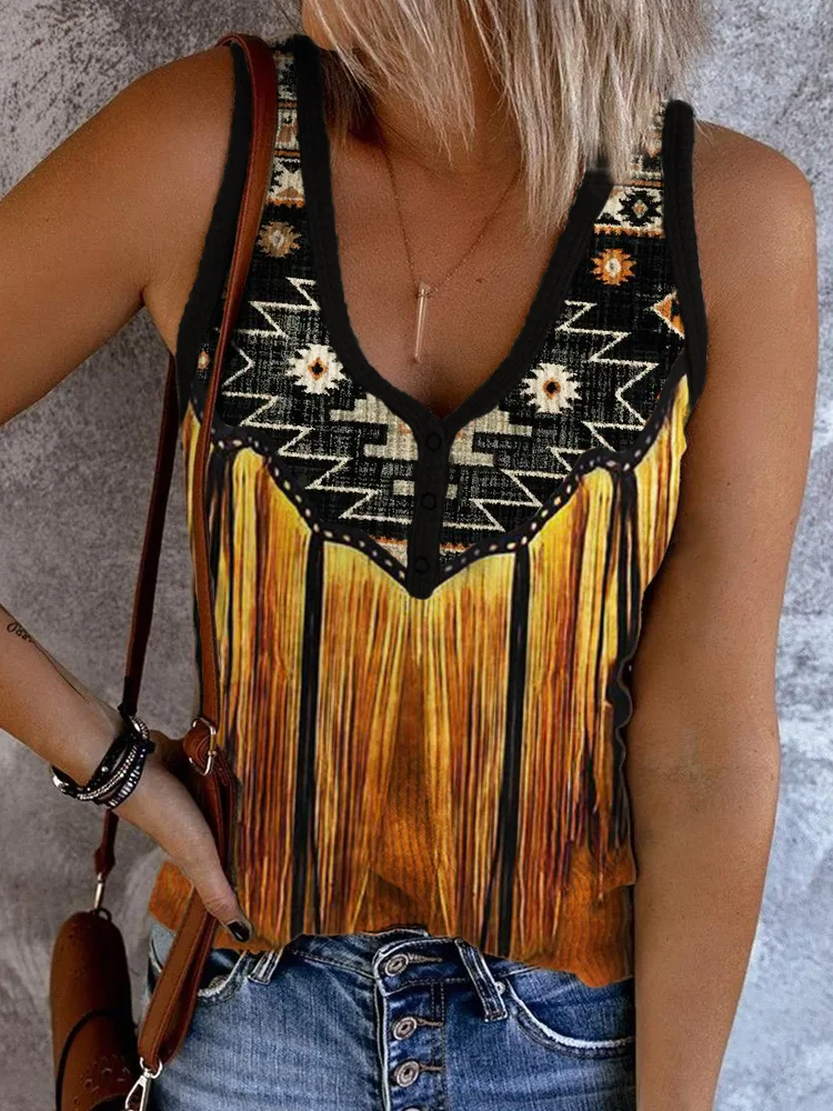 Western Aztec Contrast Tassels Button Up Tank Top