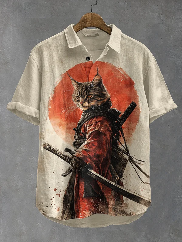 Men's Samurai Cat Art Print Polo Shirt