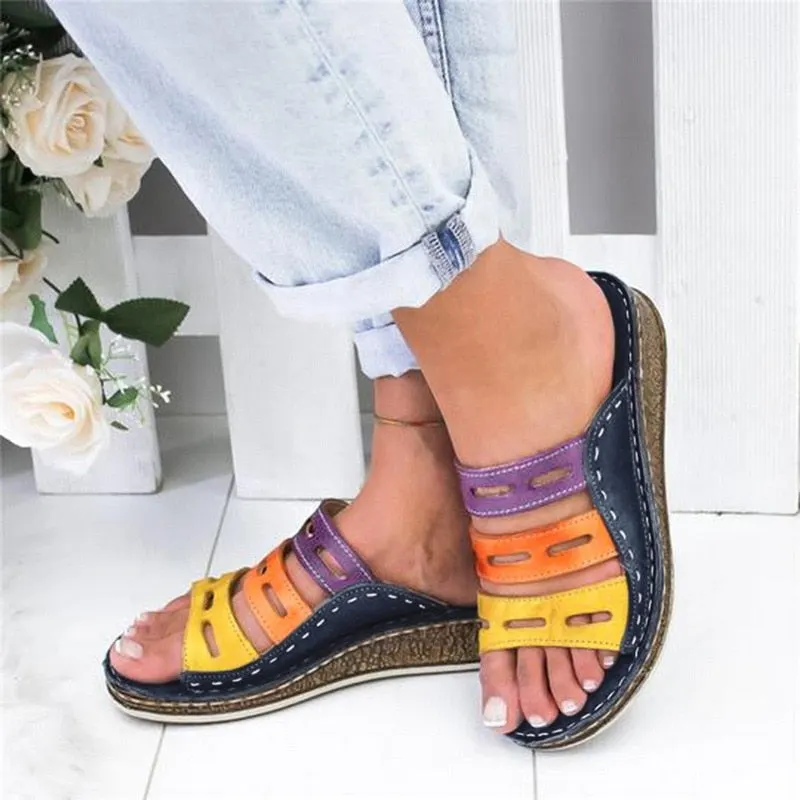2021New Women Sandals Summer Orthopedic Sandals Women Car Line Slides  Leather Female Flip Flops Ladies Platform Retro Shoes 530-1