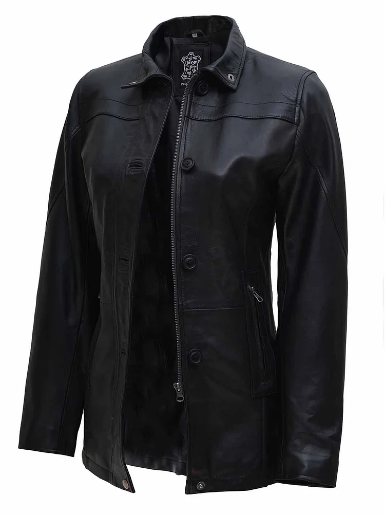 Bristol Womens Black 3 4 Length Leather Car Coat QueenFunky
