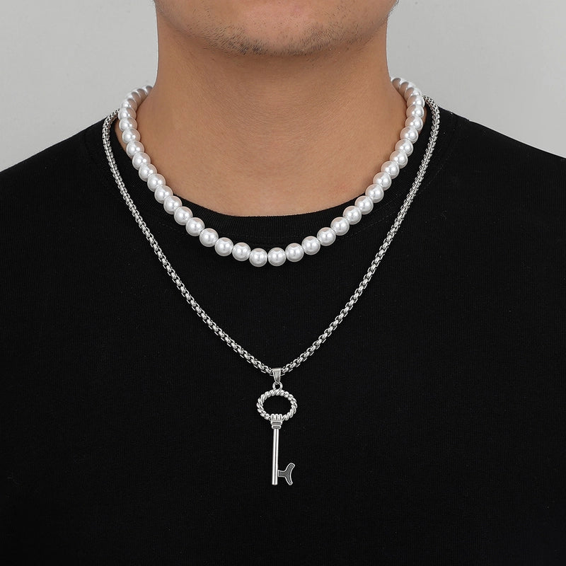 Vintage Style Minimalist Key Imitation Pearl Alloy Beaded Men's Pendant Necklace