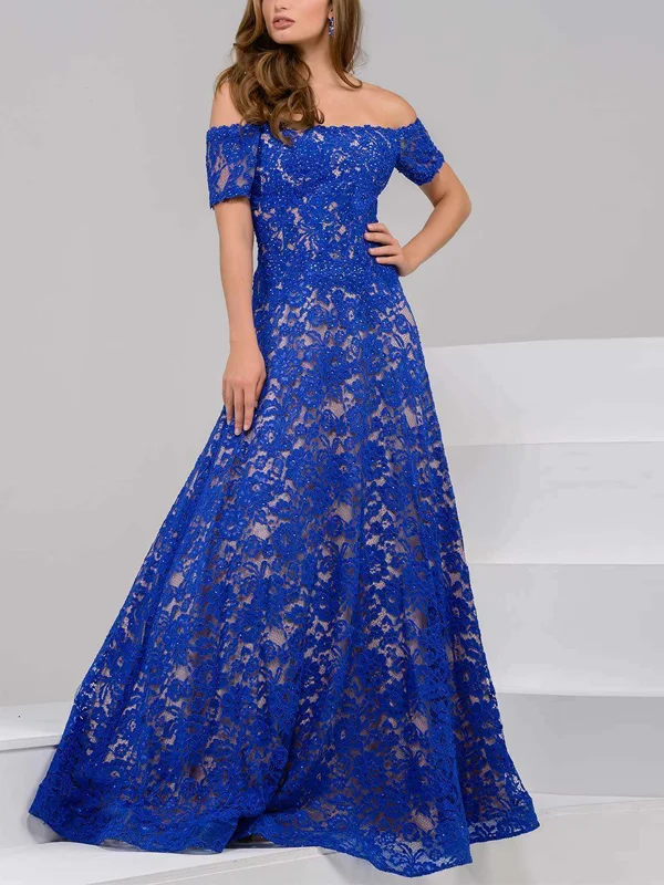 Off-the-shoulder Lace Solid Color Maxi Dress