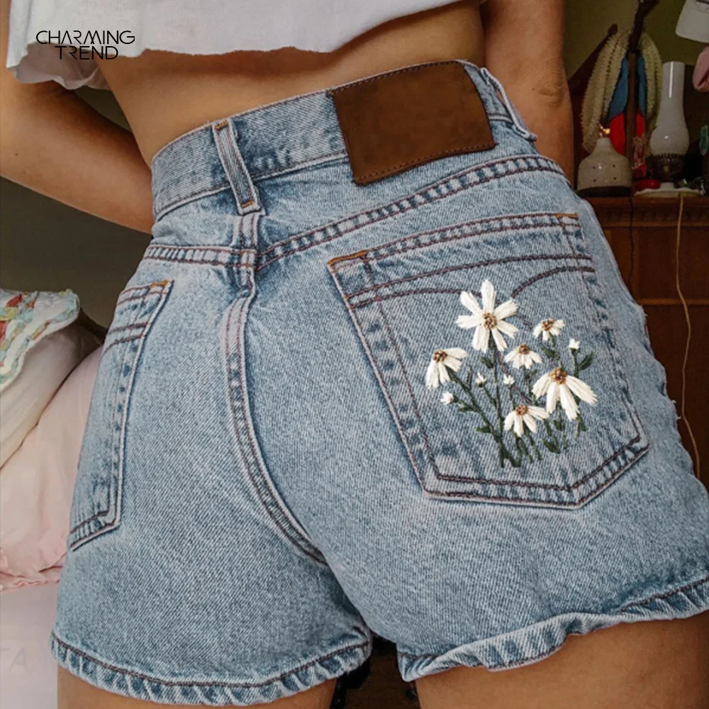 Women's Literary Retro Denim Shorts Multi-bag Printing Summer Ins Short Pant