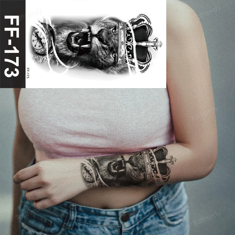Sdrawing Animal Temporary Tattoo Sticker Black Lion King Wolf Tiger Men Body Art Painting Tattoo Fake Water Transfer Sexy Women