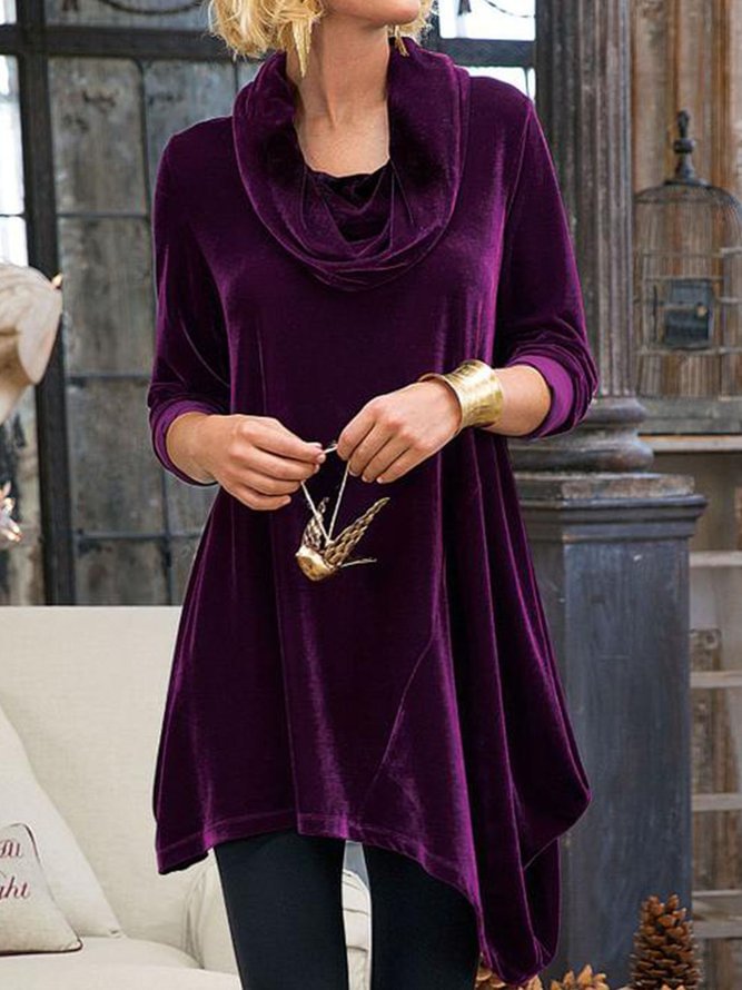 Casual Plain Turtleneck Asymmetric Long Sleeve Shirt