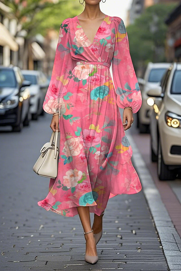 Elegant Floral Print Lantern Sleeve V-Neck A-Line Midi Chiffon Dress
