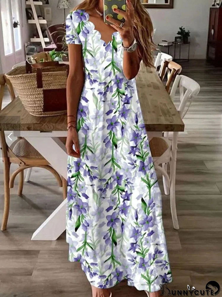 Women's V Neck Short Sleeve Floral Print Casual Long Dress