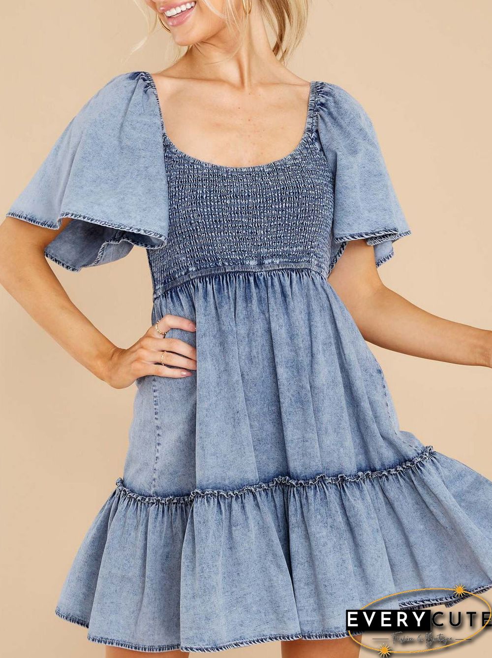 Women'S Dresses Loose Square Neck Short Sleeve Denim Dress