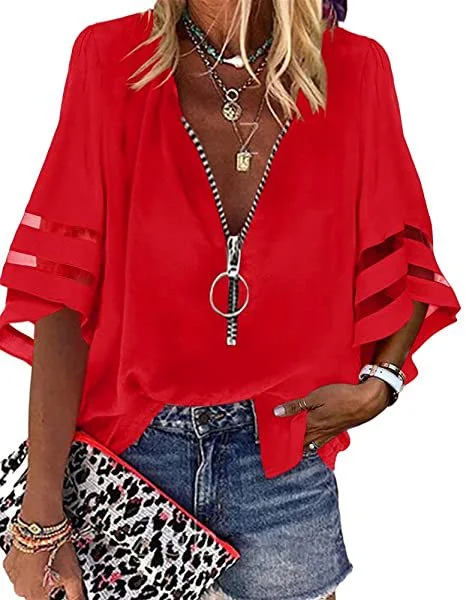 Brownm Zipper Half Bell Sleeve Mesh Solid Color Stitching Loose Casual Women's Shirt