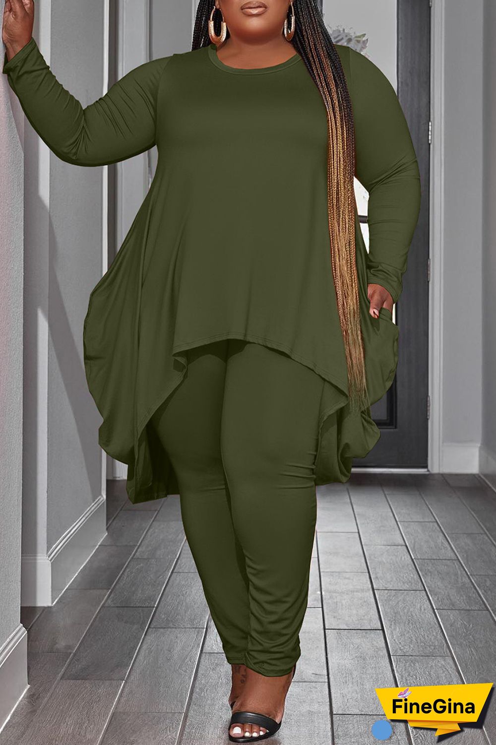 Black Casual Solid Asymmetrical O Neck Plus Size Two Pieces